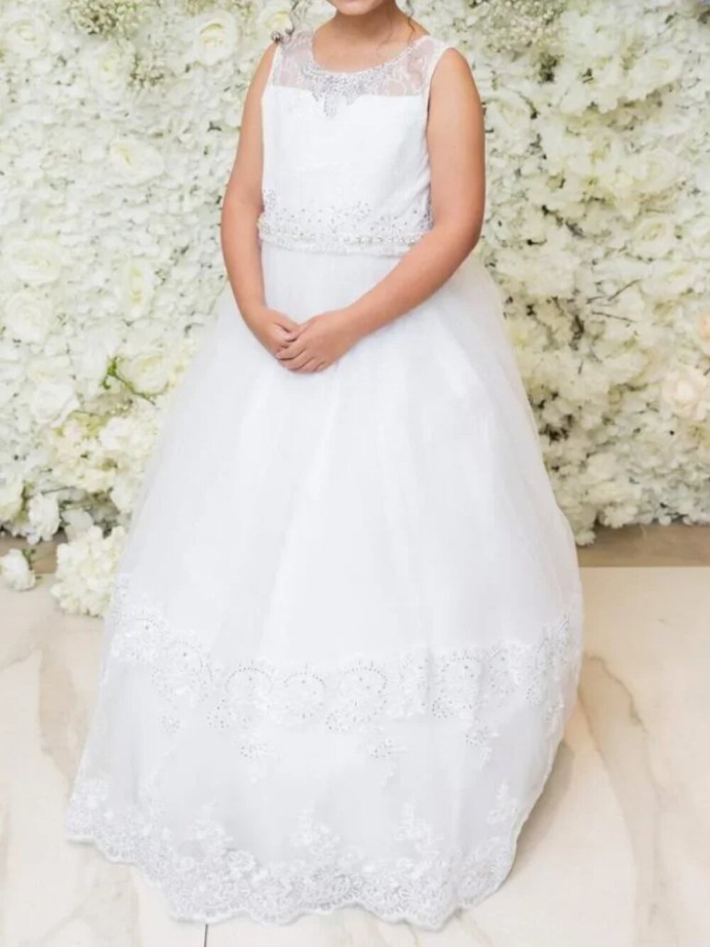 Communion White Lace Flower Girl Dress Butterfly Cape with Bow Size 12 - Picture 5 of 13
